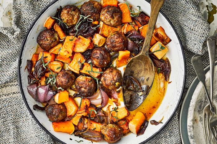 Meatball Traybake with Sausages and Butternut Squash Meatball Traybake with Sausages and Butternut Squash