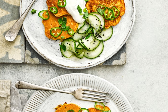 Chickpea Fritters Recipe with Yogurt, Green Chilli and Cucumber Salad Chickpea Fritters with Yogurt, Green Chilli and Cucumber Salad