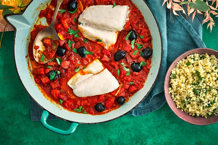Cod and tomato stew recipe Two cod fillets in a tomato and chorizo sauce, served with a bowl of bulghar wheat