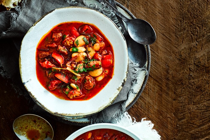 40 Dairy-Free Recipes Chorizo and Bean Stew in a White Bowl