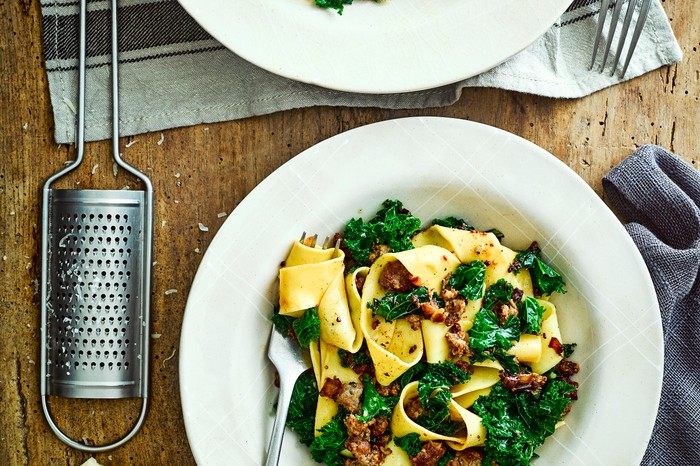 Sausage Pappardelle Recipe with Kale Sausage Pappardelle Recipe with Kale in a white bowl