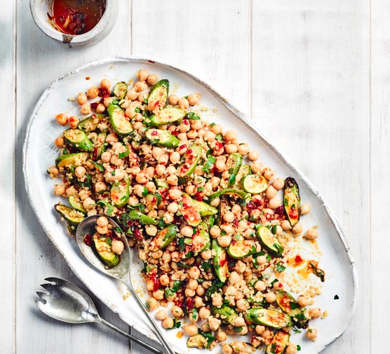 Healthy summer recipes Roasted Courgette Salad with Chickpeas on a White Plate