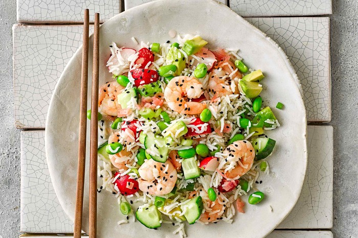 Japanese-Style Rice Salad with Prawns and Chopsticks