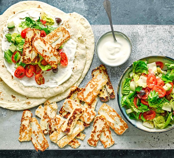 Healthy Lunch For Working From Home Halloumi Wraps With Greek Salad