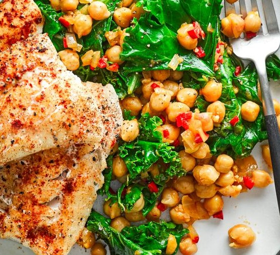 Grilled Hake with Smoky Chickpeas, Preserved Lemon and Kale