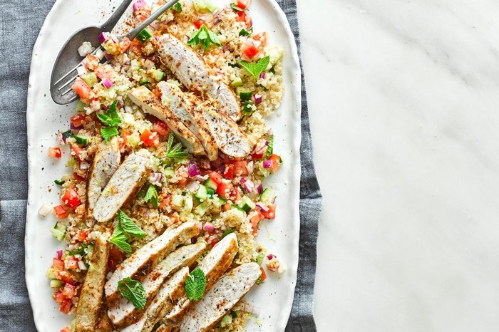 Best healthy picnic food Quinoa chicken salad on a dish