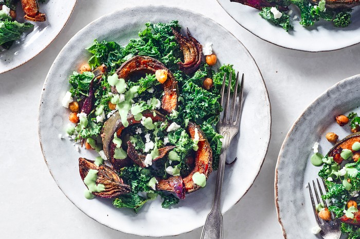40 vegetarian salad recipes Roast pumpkin salad with chickpeas on two white plates