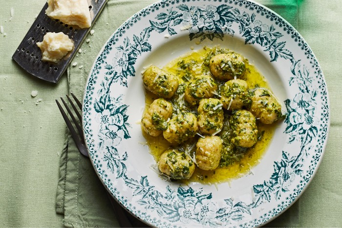 Wild garlic gnocchi Patterned bowl filled with gnocchi topped with wild garlic pesto