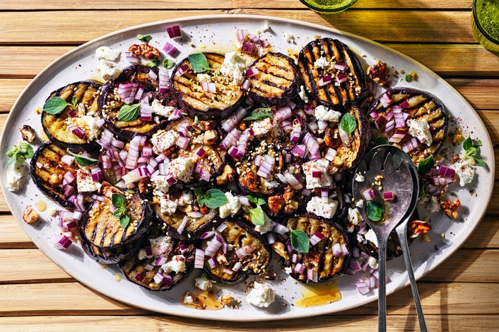 Sweet-sour griddled aubergines with candied walnuts, sumac and red onion Sweet-sour griddled aubergines with candied walnuts, sumac and red onion