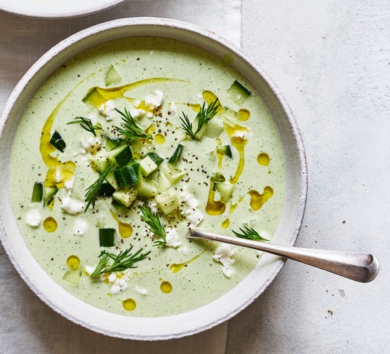 Chilled Cucumber Soup with Yogurt and Dill in Two Bowls