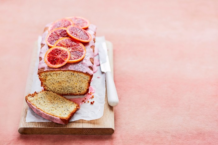 Blood orange, poppy seed and marzipan loaf cake A loaf cake with blood orange slices on top