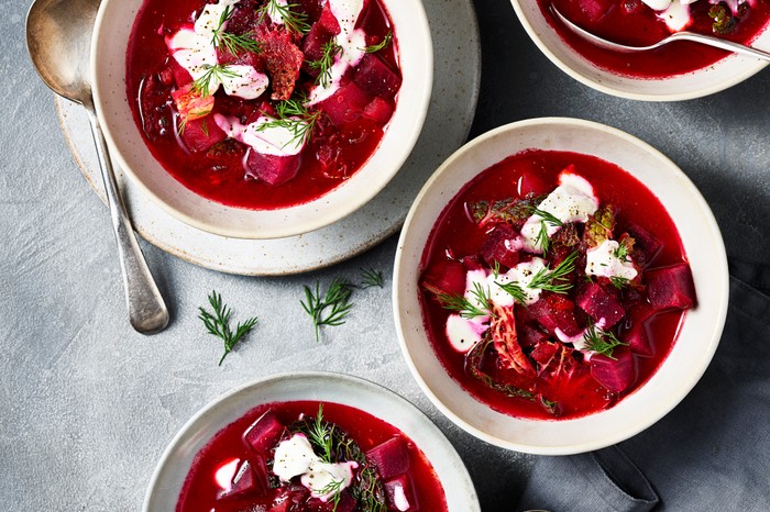 Borscht Recipe Four bowls of beetroot borscht