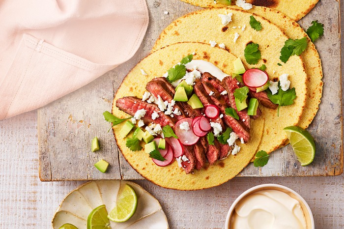 Tacos stuffed with radishes and steak
