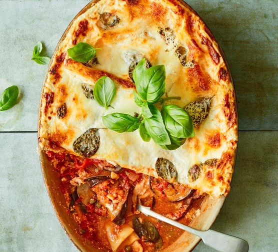 Aubergine lasagne Aubergine lasagne with a third taken out of it