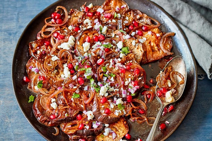 Slow Cooker Aubergine Salad Recipe Warm aubergine, pomegranate and onion salad
