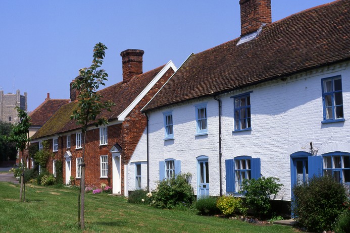 Cottages at Orford in Suffolk. England Pretty Cottages on green at Orford in Suffolk. England
