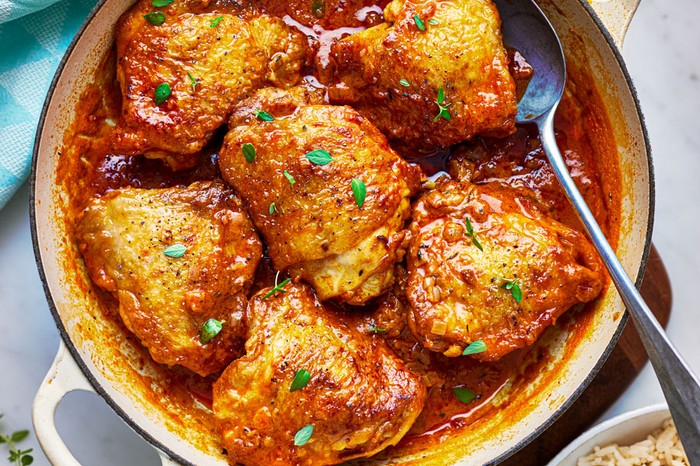 Paprika chicken Pot of chicken thighs in a paprika sauce