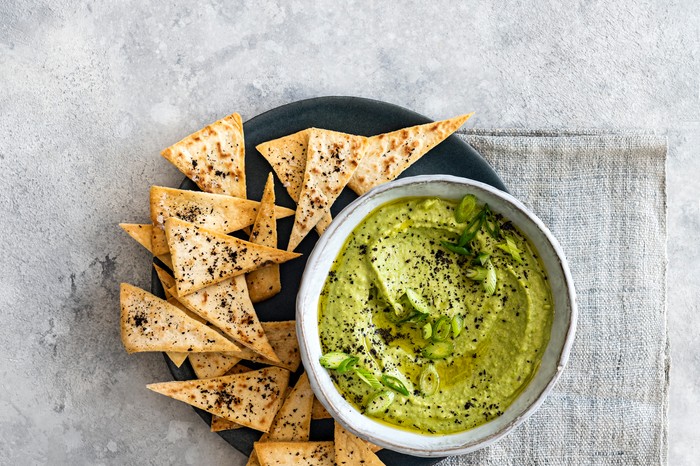 40 Dairy-Free Recipes Bowl of Pea Hummus with Toasted Pitta Triangles