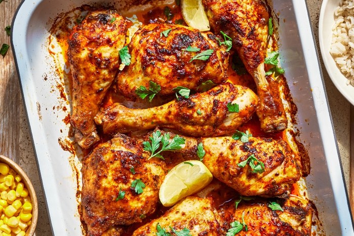 Peri peri chicken traybake a silver oven tray filed with chicken topped with chopped herbs and lemon wedges