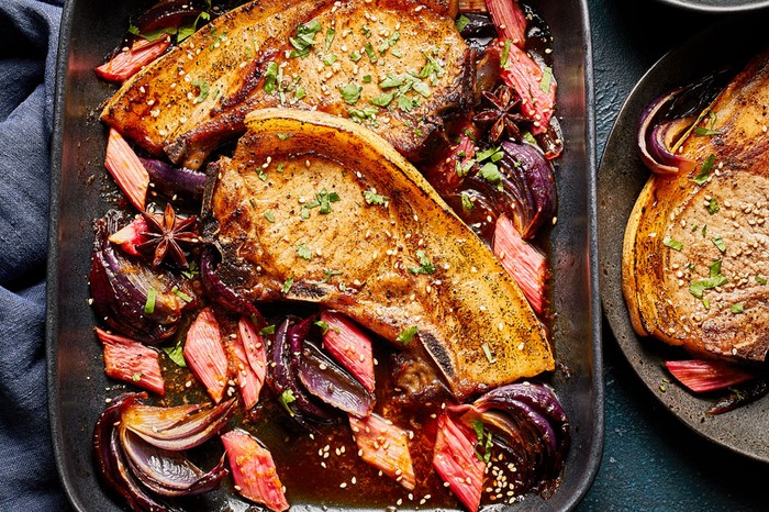Pork-and-rhubarb-aromatic-traybake Traybake of rhubarb, pork chops, red onion and star anise