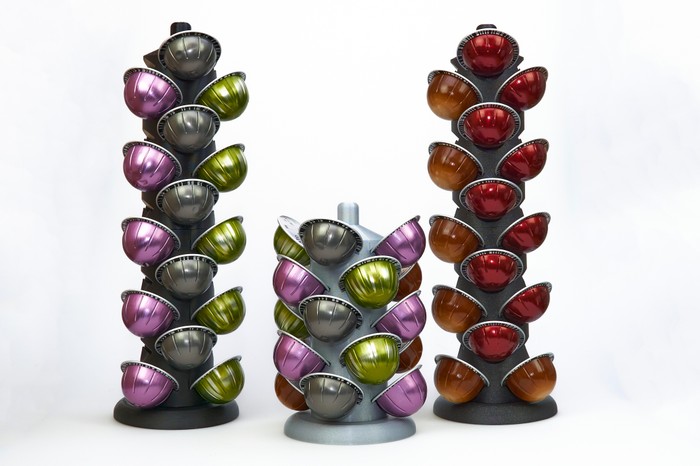 Nespresso Vertuo capsule holder Three separate pod towers holding different coloured pods