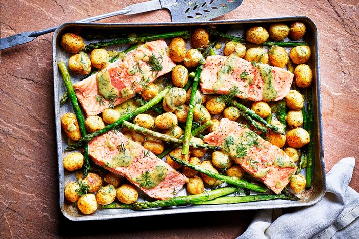 Fish Tray Bake Recipe with Sea Trout, New Potato and Asparagus Fish Tray Bake Recipe with Sea Trout, New Potato and Asparagus