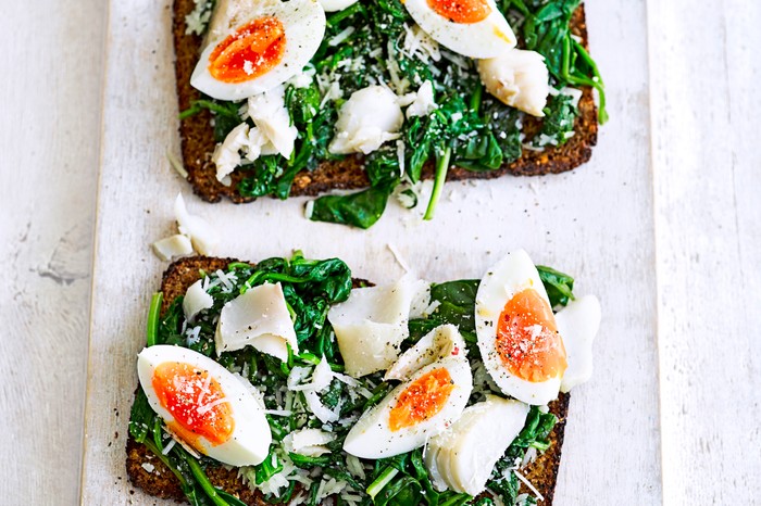 Smoked Haddock and Spinach Rye Toasts on a Tray Smoked Haddock and Spinach Rye Toasts
