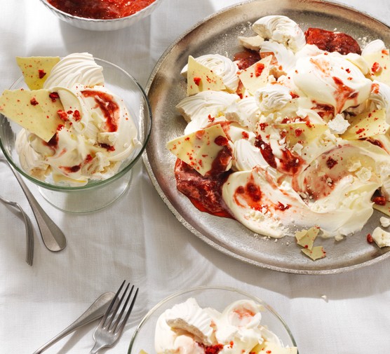 Strawberry, white chocolate and elderflower eton mess A big bowl of strawberry eton mess with white chocolate shards