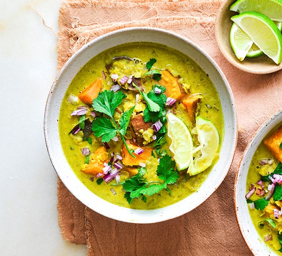 Sweet Potato Lentil Curry Recipe Bowls of sweet potato and lentil curry topped with coriander and lime