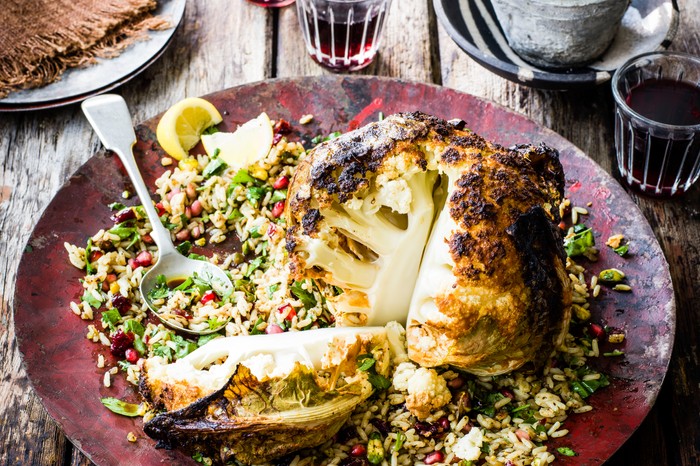 Easy Cauliflower Recipes Whole tandoori cauliflower with jewelled rice salad