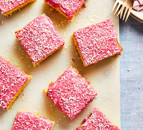 Tottenham Cake Recipe Squares of pink Tottenham cake on a board