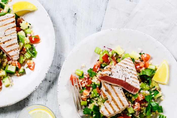 40 Dairy-Free Recipes Tuna Steak with Bulgur Wheat Salad on Two Plates