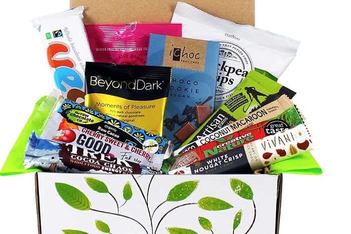 Vegan Chocolate and Snack Hamper Gift Box A white box filled with bars of chocolate and packets of snacks
