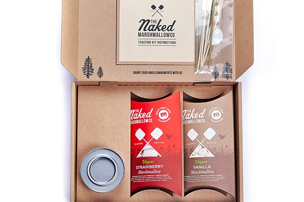 Vegan Marshmallow Toasting Kit A brown paper box with two packets of vegan marshmallows in