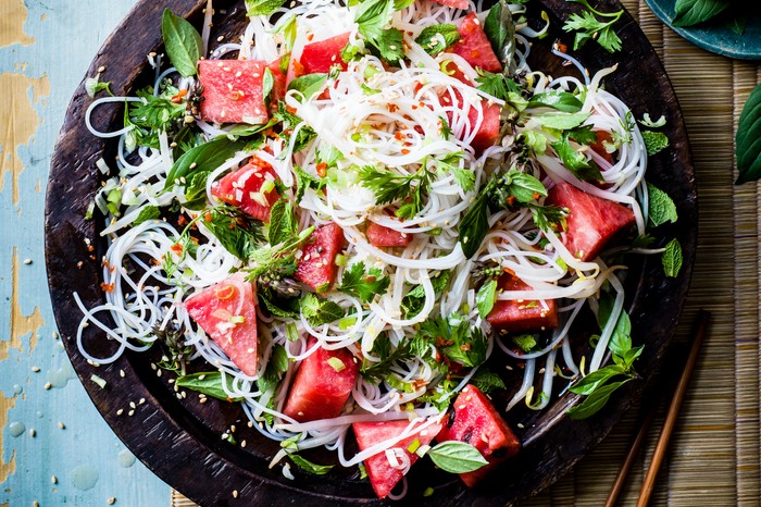 Watermelon and Rice Noodle salad with mint and holy basil Watermelon and Rice Noodle salad with mint and holy basil
