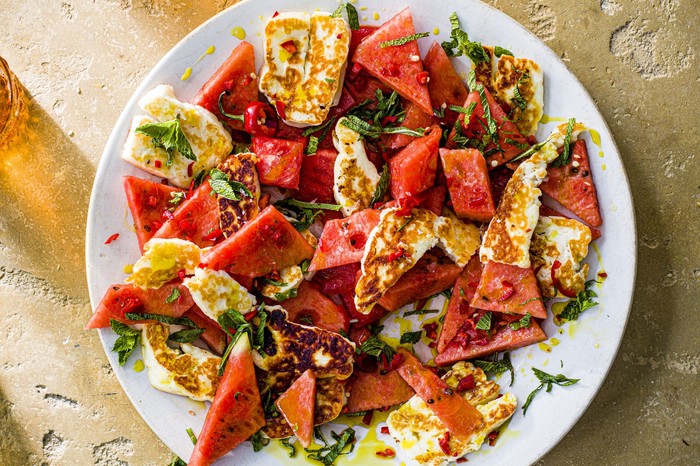 Watermelon and Halloumi Salad Recipe Halloumi and Watermelon Salad on a White Plate